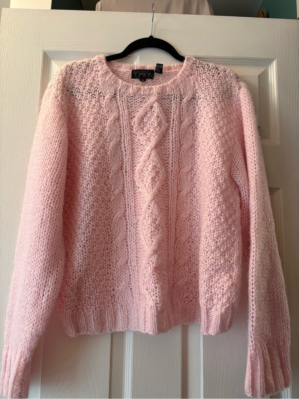 TomboyX Pale Pink Cable Knit Crewneck Sweater